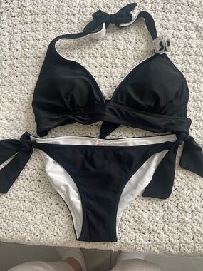Xhilaration Black with White Trim Tie-Side Halter Bikini